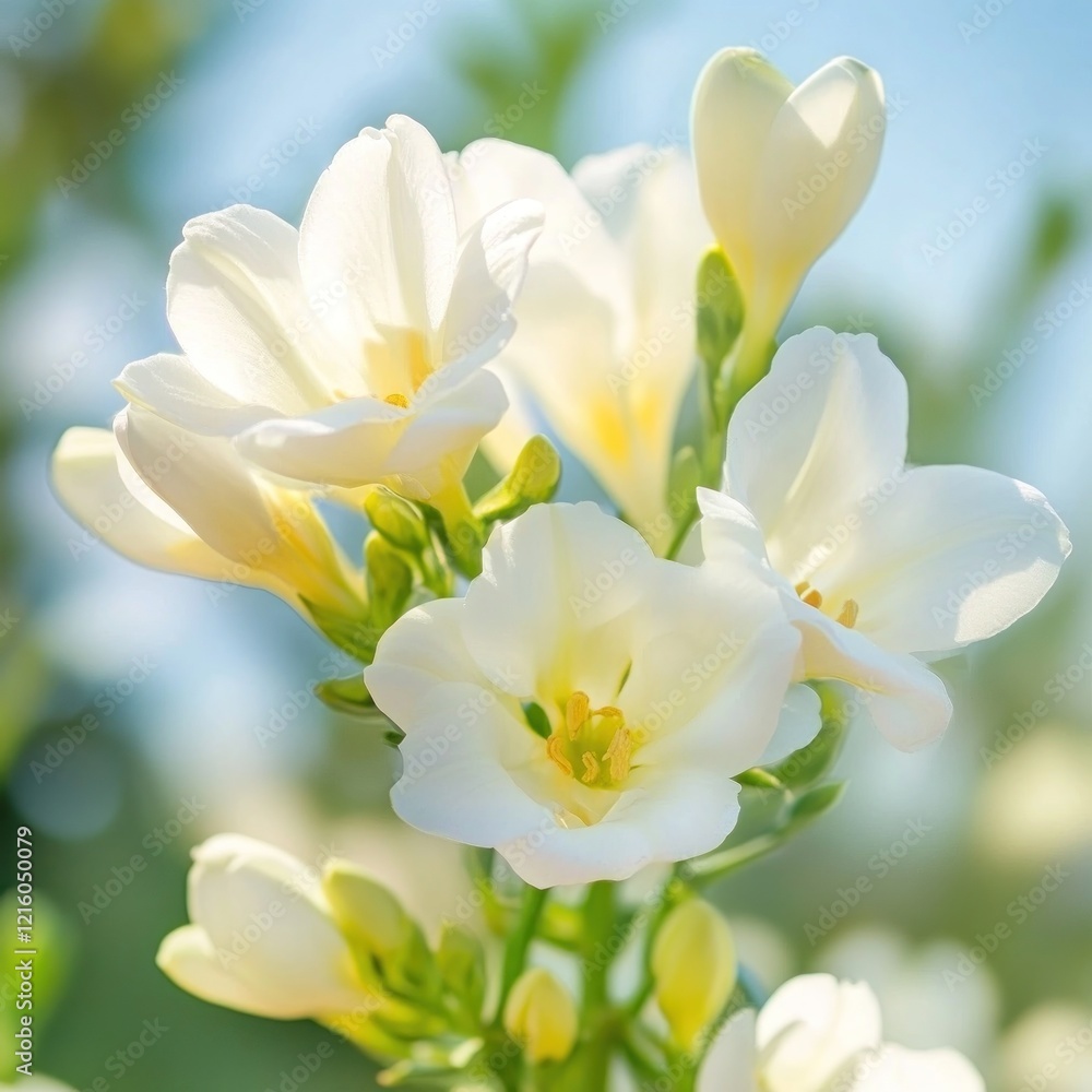 White Freesia flowers bloom in garden sunlight White Freesia flowers bloom in garden sunlight