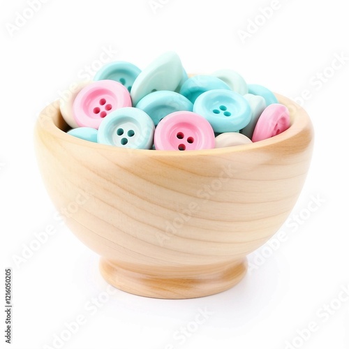 wooden bowl of pastel buttons isolated on a white background 