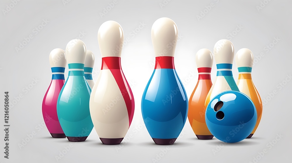 A bowling pin and ball icon in a glossy 3D rendering, on white.
