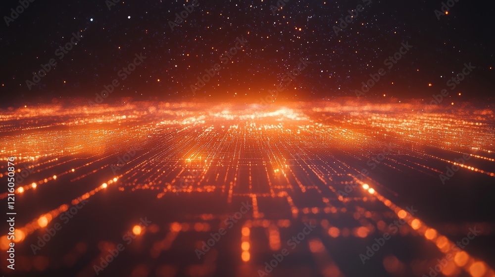 Fototapeta premium abstract representation of data streams flowing through a futuristic grid, with glowing lines, nodes, and particles forming a quantum network in a dark, high-tech environmen, 16:9