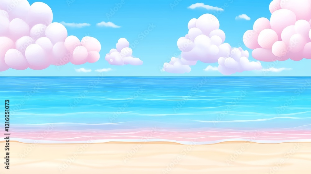 Serene Beachscape with Fluffy Pink Clouds and Azure Ocean Serene Beachscape with Fluffy Pink Clouds and Azure Ocean