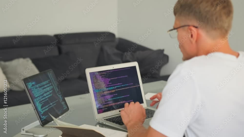 Over shoulder view of a programmer working on a project, using both a laptop and tablet. He reviews and modifies the code while seated at a desk in a spacious office, with a sofa nearby. Over shoulder view of a programmer working on a project, using both a laptop and tablet. He reviews and modifies the code while seated at a desk in a spacious office, with a sofa nearby.