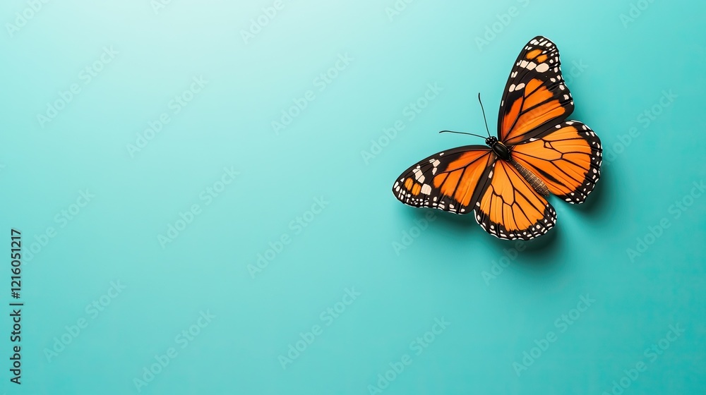 Fototapeta premium decorative butterfly ornament resting on matte turquoise background with faint light gradients