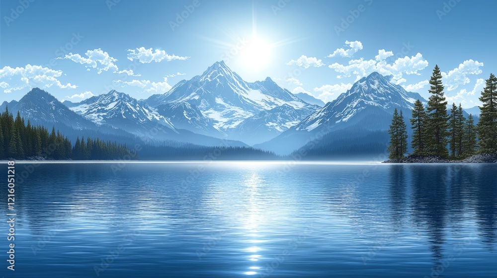 Serene mountain lake reflecting sunlit snow-capped peaks under a clear sky Serene mountain lake reflecting sunlit snow-capped peaks under a clear sky