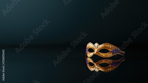 decorative purim mask with gold and purple details placed on reflective black surface with subtle lighting accents photo