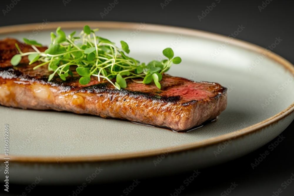 detailed close-up of perfectly seared japanese wagyu steak garnished with microgreens set on ceramic plate with ample detailed close-up of perfectly seared japanese wagyu steak garnished with microgreens set on ceramic plate with ample
