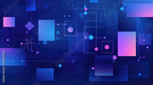Abstract digital design featuring geometric shapes and gradients in blue and pink hues.