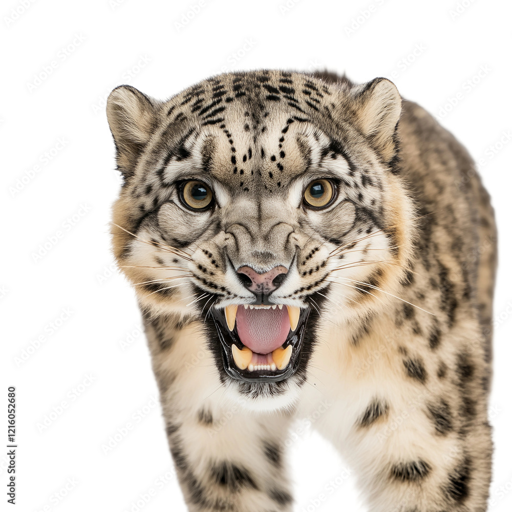 Snow Leopard Displaying Its Fierce Expression isolated on white or transparent background, png. Easy to place on any other background Snow Leopard Displaying Its Fierce Expression isolated on white or transparent background, png. Easy to place on any other background