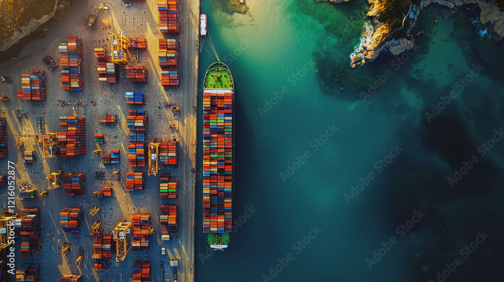 Naklejka premium Aerial View of Cargo Ship at Port: Global Trade and Maritime Logistics