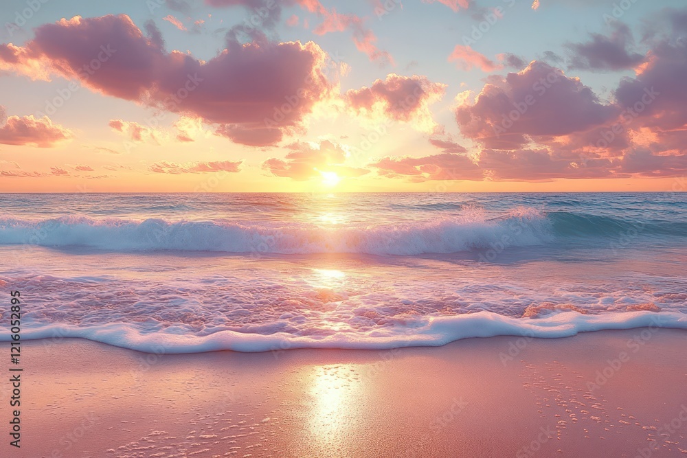 A tranquil beach with soft waves and a dramatic sunset sky, where warm tones blend seamlessly into the horizon A tranquil beach with soft waves and a dramatic sunset sky, where warm tones blend seamlessly into the horizon