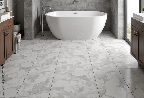 Elegant Marble Tile Bathroom: Large Gray Tiles, White Bathtub, Gray Tiling, Modern Interior, Clean Style, Minimalist Decor, Stone Texture, Home Design, Interior Photo

