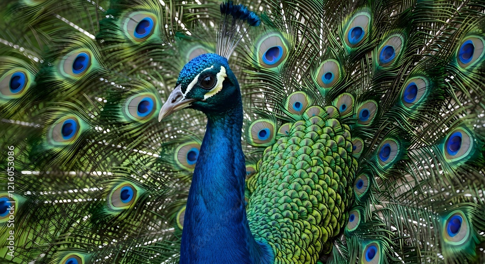 Obraz premium Majestic Peacock with Vibrant Tail Feathers Display