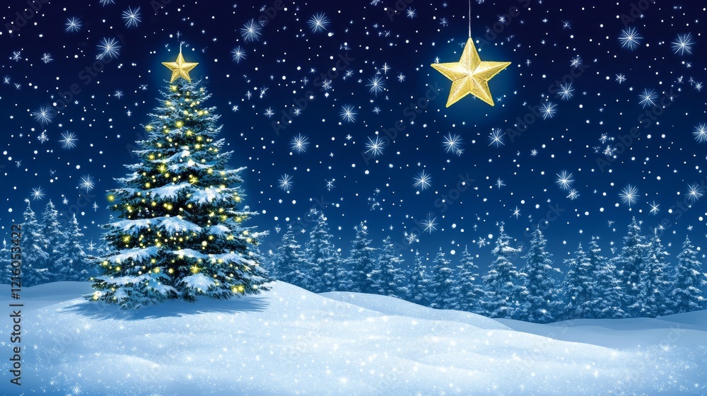 A snow-covered Christmas tree under a starry winter night sky A snow-covered Christmas tree under a starry winter night sky