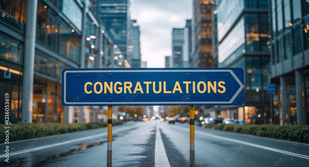Obraz premium congratulations text on road sign in middle of modern business city background