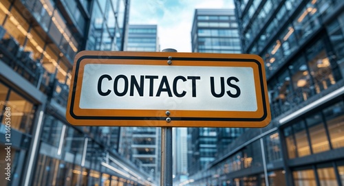 Wallpaper Mural contact us text on road sign in middle of modern business city background Torontodigital.ca