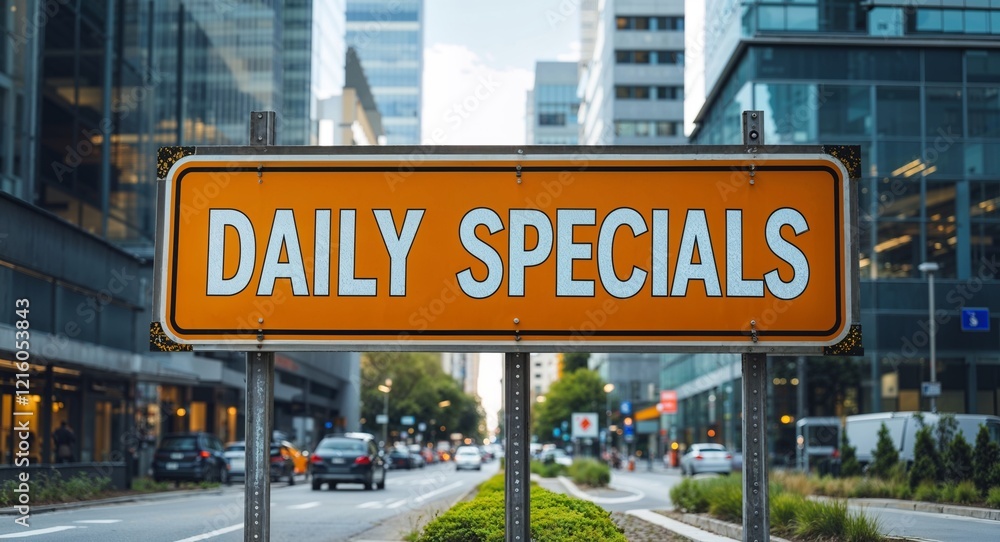 daily specials text on road sign in middle of modern business city background daily specials text on road sign in middle of modern business city background