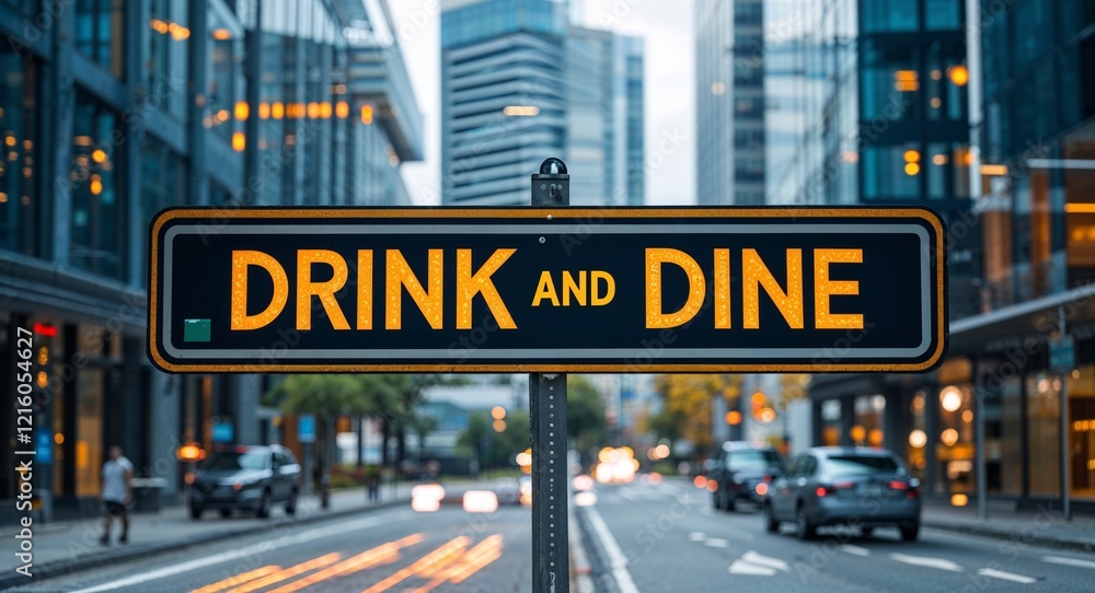 Obraz premium drink and dine text on road sign in middle of modern business city background
