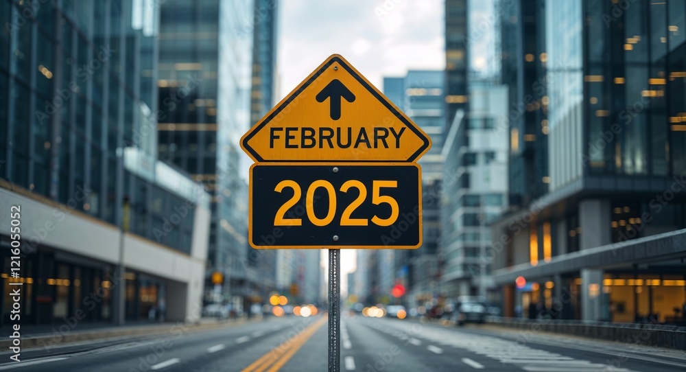 february 2025 text on road sign in middle of modern business city background february 2025 text on road sign in middle of modern business city background