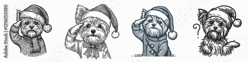 Cute illustrated animals wearing Santa hats, showcasing various expressions and playful poses, perfect for holiday-themed designs. photo