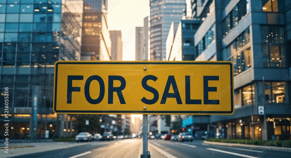 Obraz premium for sale text on road sign in middle of modern business city background