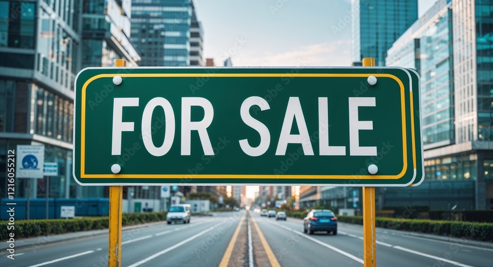 Obraz premium for sale text on road sign in middle of modern business city background