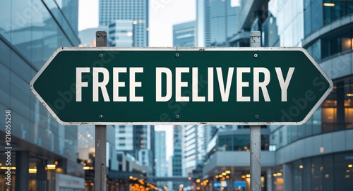 Free delivery text on road sign in middle of modern business city background