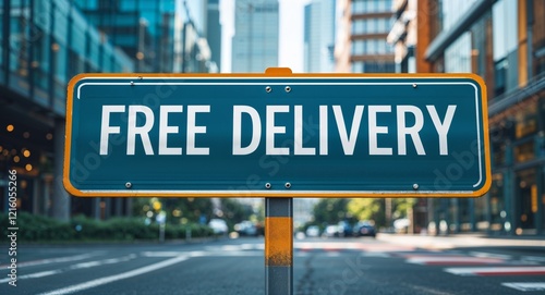 Free delivery text on road sign in middle of modern business city background