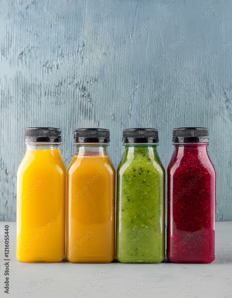 Four vibrant fruit and vegetable juices in bottles. Four vibrant fruit and vegetable juices in bottles.