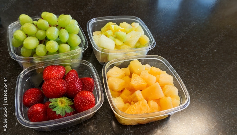Fresh fruit salad in clear plastic containers. Grapes, strawberries, pineapple, and cantaloupe. Fresh fruit salad in clear plastic containers. Grapes, strawberries, pineapple, and cantaloupe.