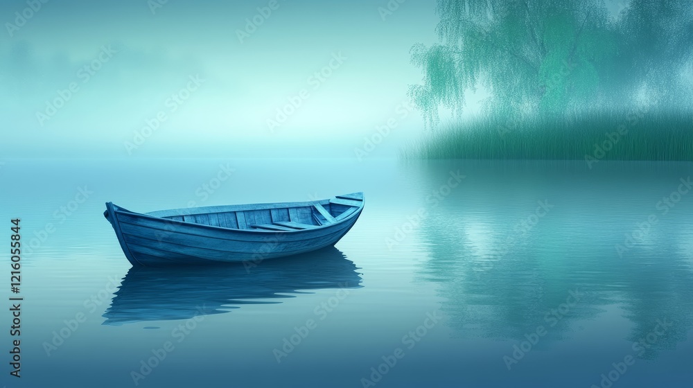 Naklejka premium Serene Foggy Lake with Rowboat and Weeping Willow