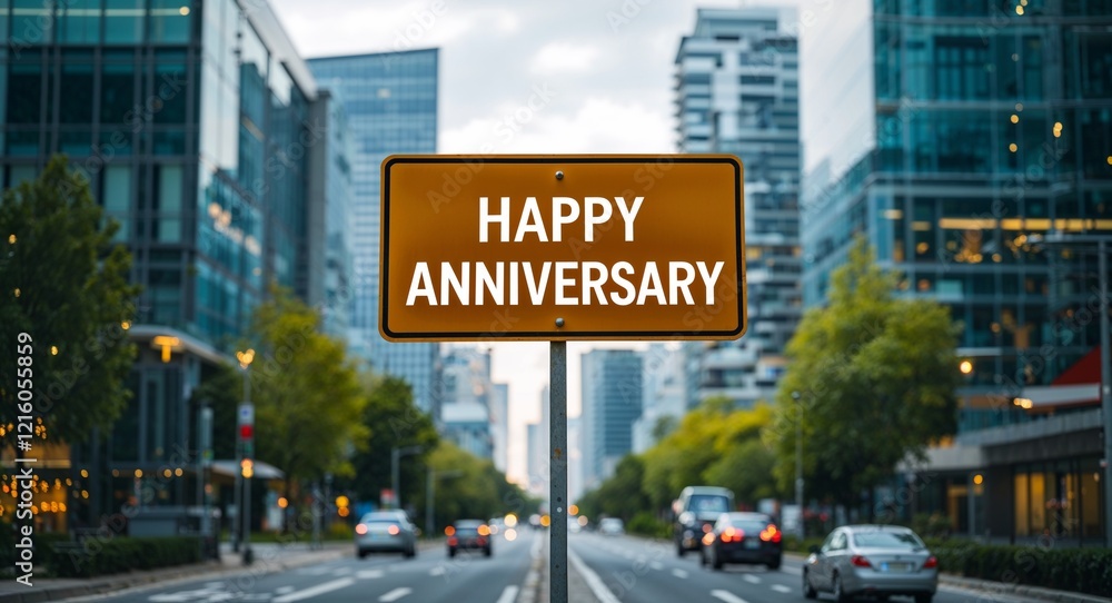 happy anniversary text on road sign in middle of modern business city background happy anniversary text on road sign in middle of modern business city background