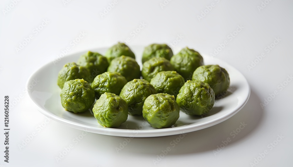 Cluster of Green Dolmades on White Plate, Vibrant Greek Delicacy, Traditional Cuisine Cluster of Green Dolmades on White Plate, Vibrant Greek Delicacy, Traditional Cuisine