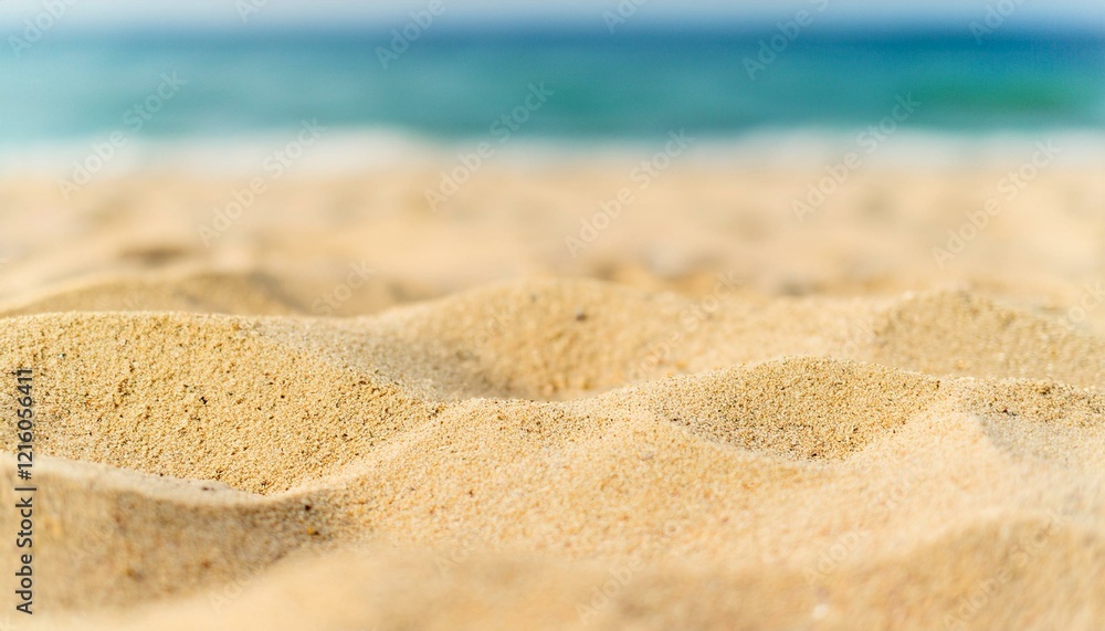 Close-up of soft, golden sand dunes on a beach with a blurred ocean in the background. Close-up of soft, golden sand dunes on a beach with a blurred ocean in the background.