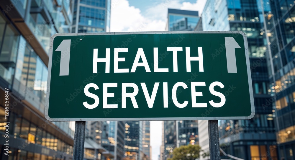 Obraz premium Health Services text on road sign in middle of modern business city background