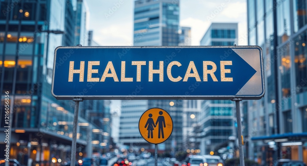 Obraz premium healthcare text on road sign in middle of modern business city background