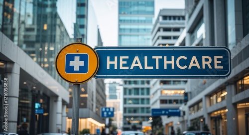 healthcare text on road sign in middle of modern business city background