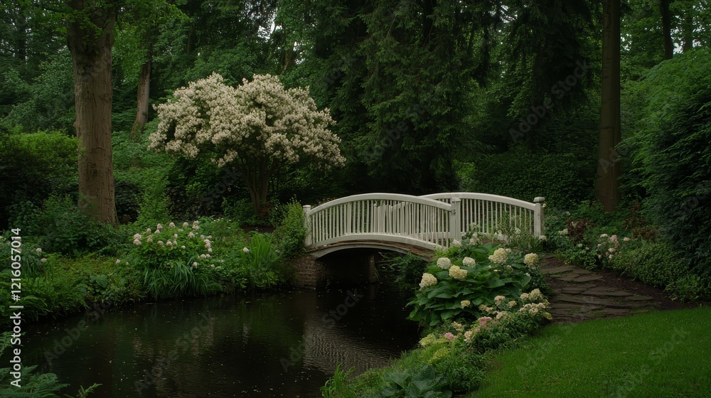 Serene Garden Bridge Over Pond with White Blossoms Serene Garden Bridge Over Pond with White Blossoms