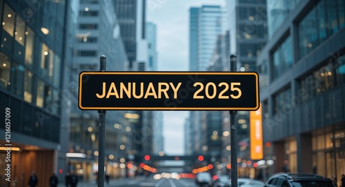 january 2025 text on road sign in middle of modern business city background