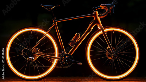 Night Cycling: Glowing Wheels on a Dark Road. Illuminated Bicycle Ride. Adventure and Fitness on Two Wheels. photo