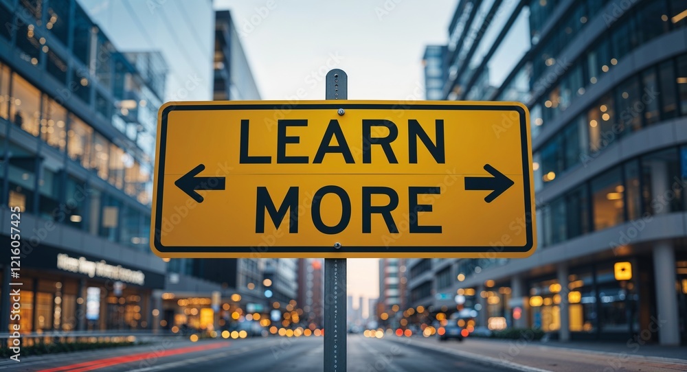 Learn More text on road sign in middle of modern business city background Learn More text on road sign in middle of modern business city background