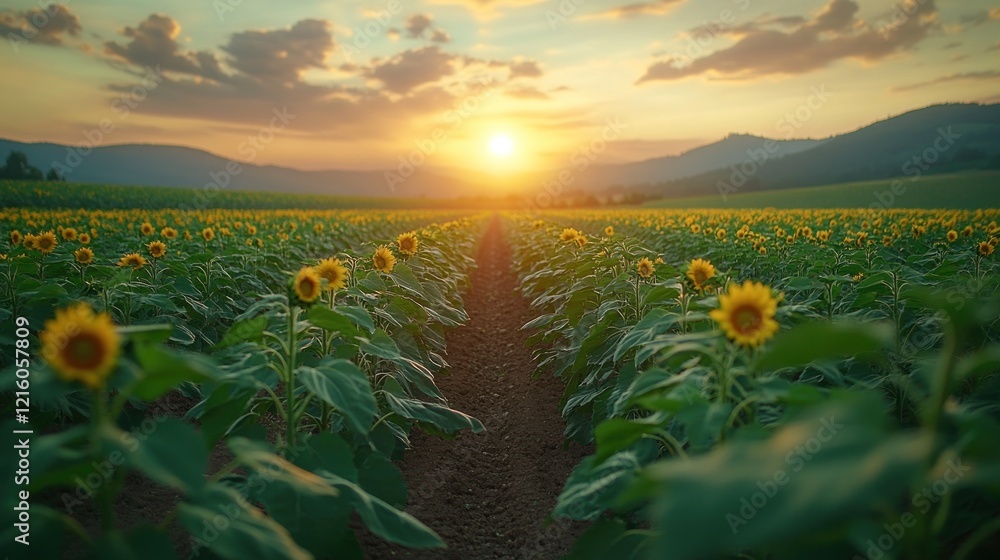 Fototapeta premium Sunset over sunflower field, mountain backdrop, rural path