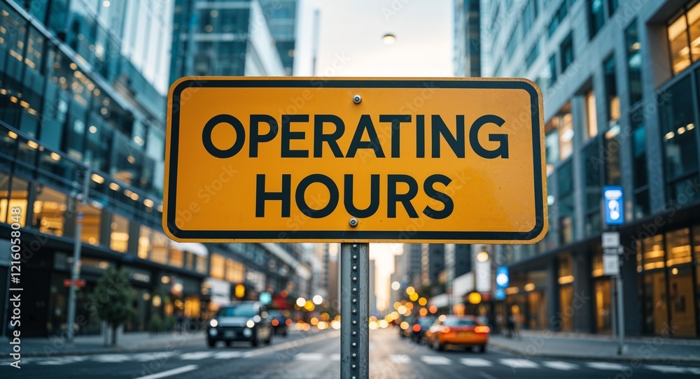 operating hours text on road sign in middle of modern business city background operating hours text on road sign in middle of modern business city background