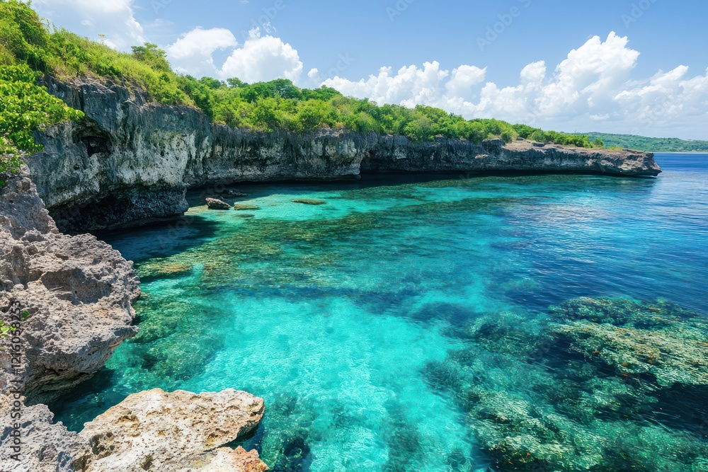 A tropical paradise island with dramatic cliffs and hidden coves, the island surrounded by crystal-clear waters that reveal the vibrant coral below A tropical paradise island with dramatic cliffs and hidden coves, the island surrounded by crystal-clear waters that reveal the vibrant coral below