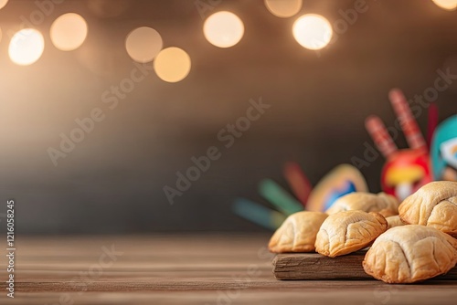 festive purim scene with hamantaschen cookies arranged on rustic wooden table surrounded by colorful masks and noisemakers photo