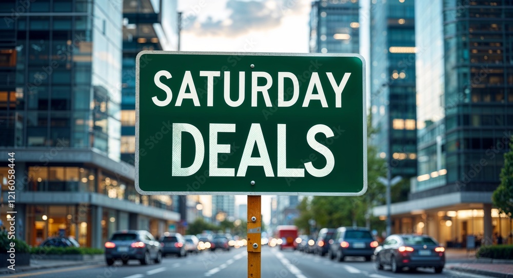 Saturday deals text on road sign in middle of modern business city background Saturday deals text on road sign in middle of modern business city background