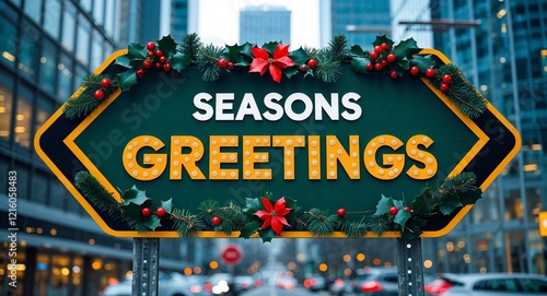 seasons greetings text on road sign in middle of modern business city background