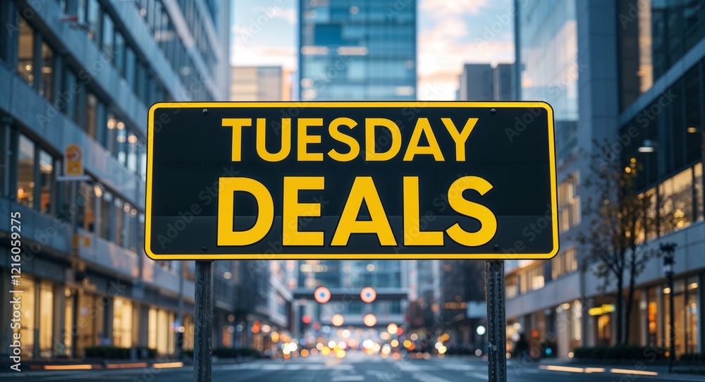 Obraz premium Tuesday deals text on road sign in middle of modern business city background