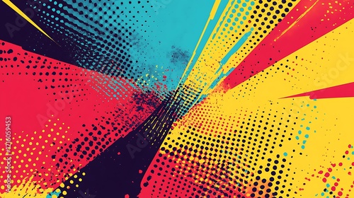 Retro halftone dots background, vibrant pop art style, bold color palette with comic book texture ef...