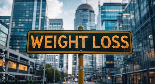 weight loss text on road sign in middle of modern business city background photo