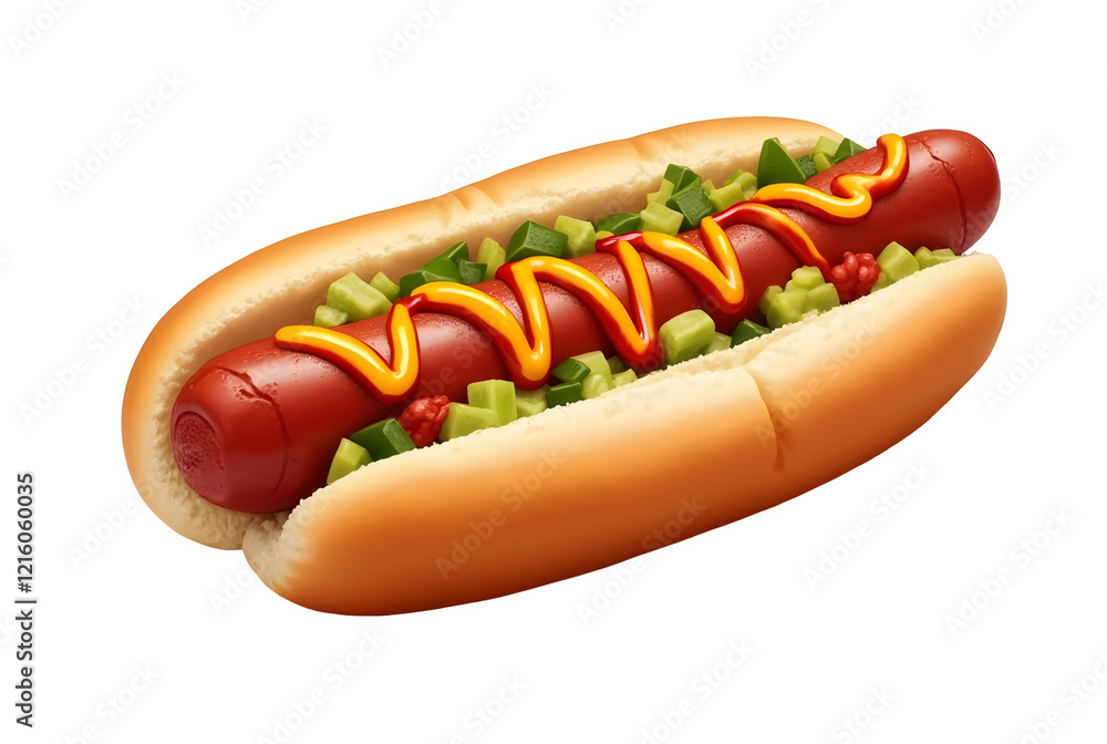 Delicious hot dog with mustard and ketchup isolated on transparent background, Cut out Delicious hot dog with mustard and ketchup isolated on transparent background, Cut out